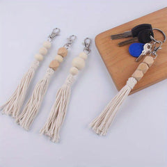 DIY Wooden Beaded Tassel Pendant Keychain for Car Keys Backpacks Wallets