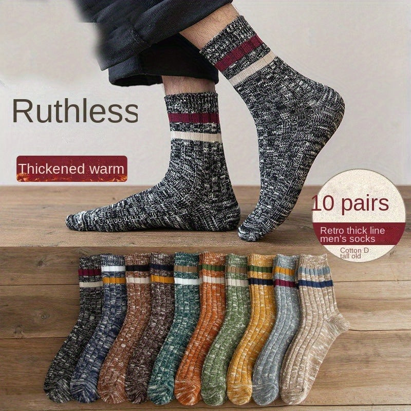 10 Pairs Men's Striped Crew Socks Comfy Casual Unisex Outdoor All Seasons