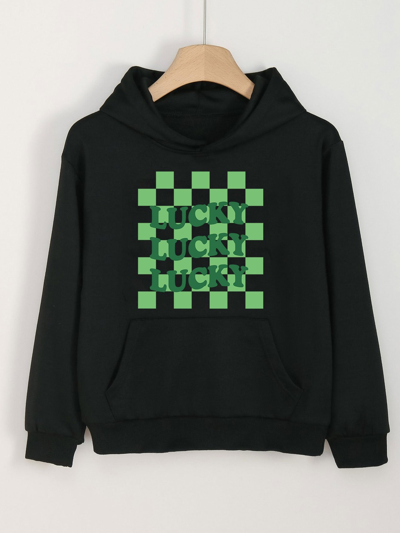 Checkered LUCKY Letter Print Clover Graphic Hoodies For Girls