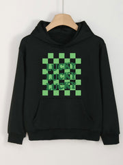 Checkered LUCKY Letter Print Clover Graphic Hoodies For Girls