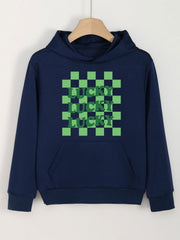 Checkered LUCKY Letter Print Clover Graphic Hoodies For Girls
