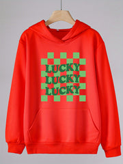 Checkered LUCKY Letter Print Clover Graphic Hoodies For Girls