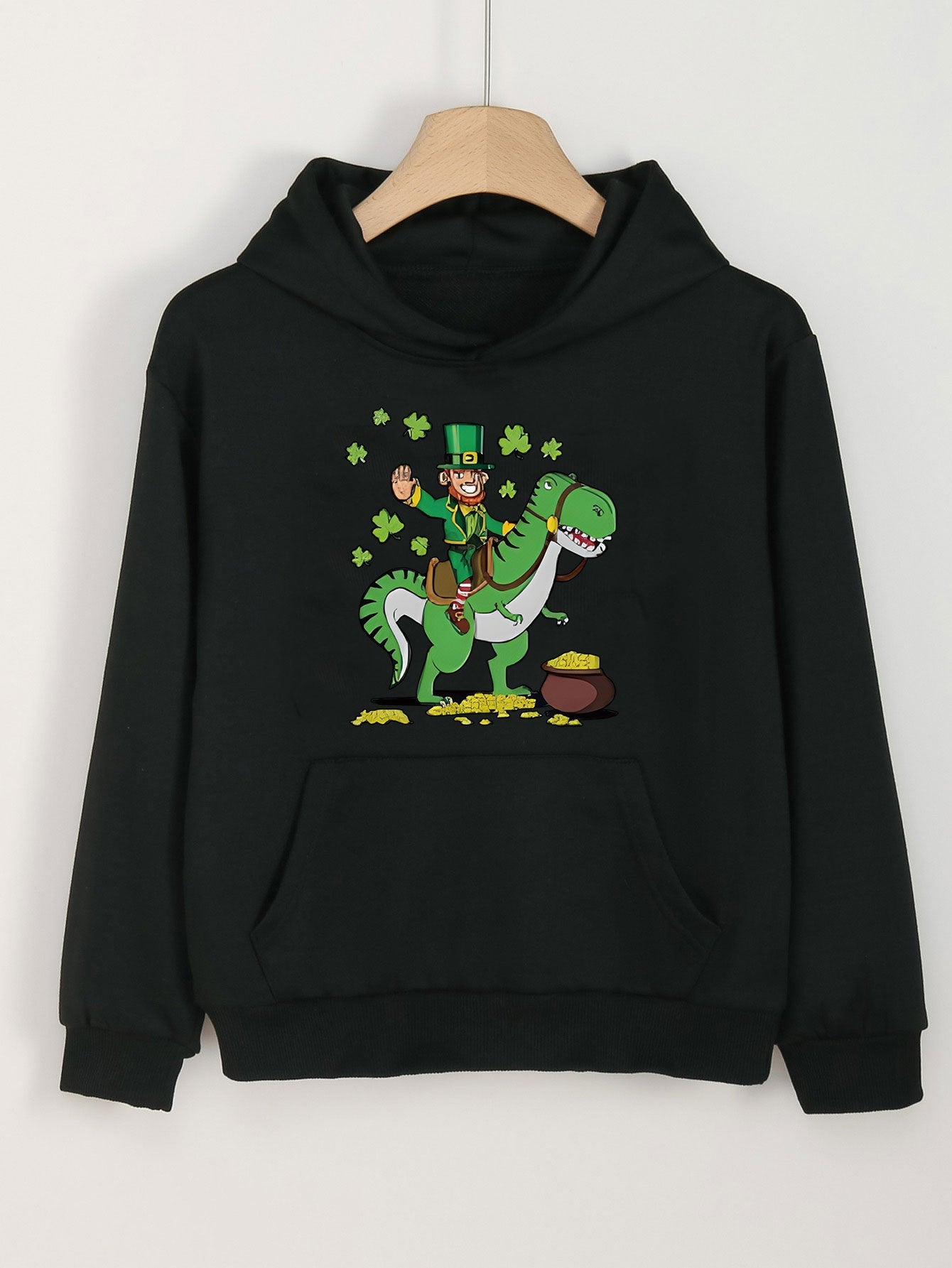 Clover & Dino Graphic Hoodie With Pocket For Girls