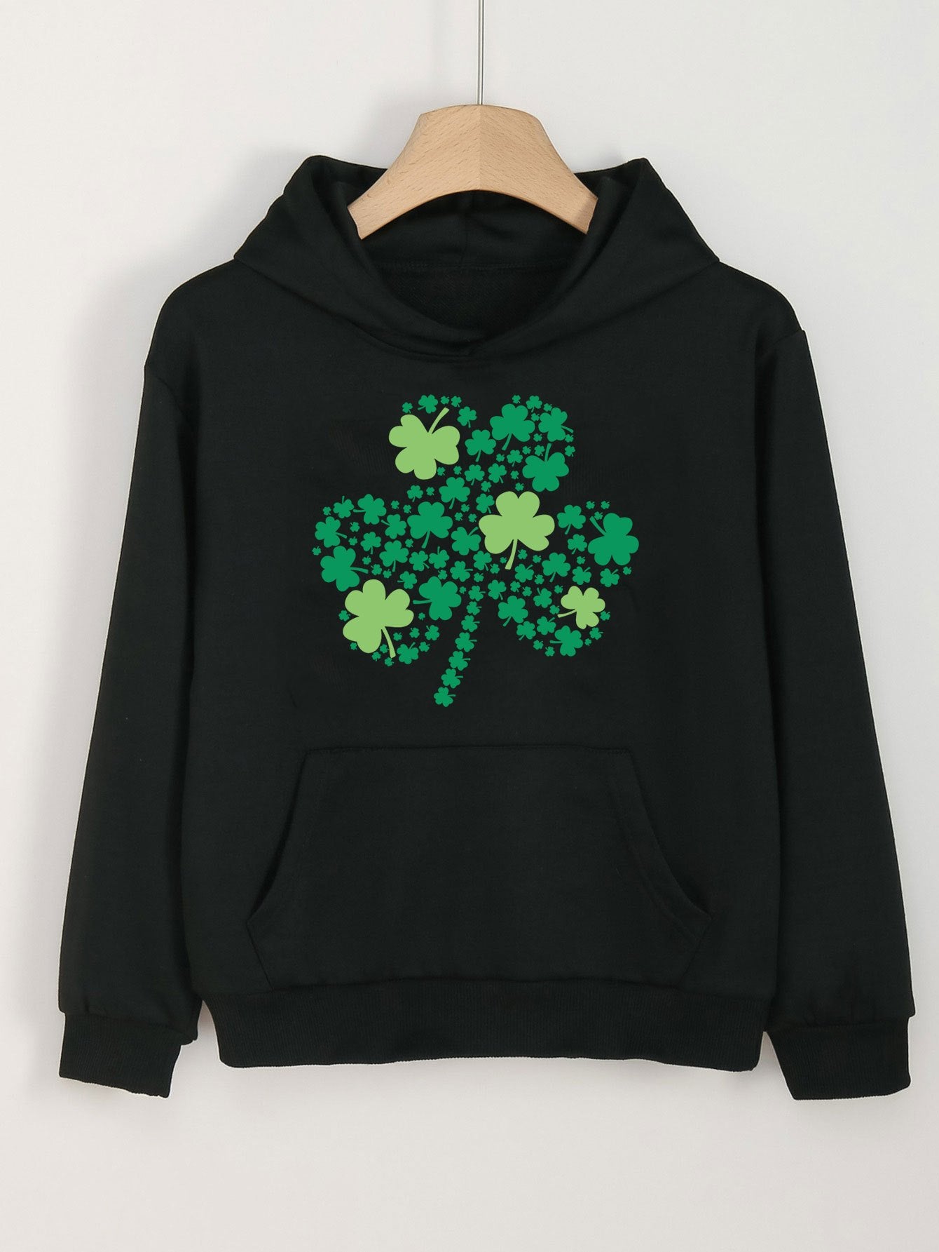 Casual Clover Graphic Hoodie With Pocket For Girls St Patrick's