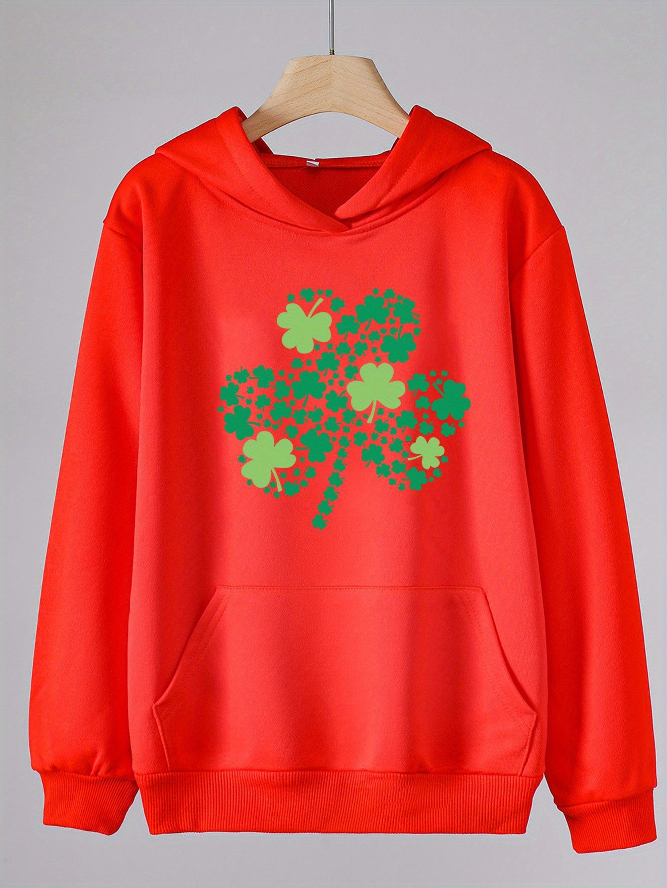Casual Clover Graphic Hoodie With Pocket For Girls St Patrick's