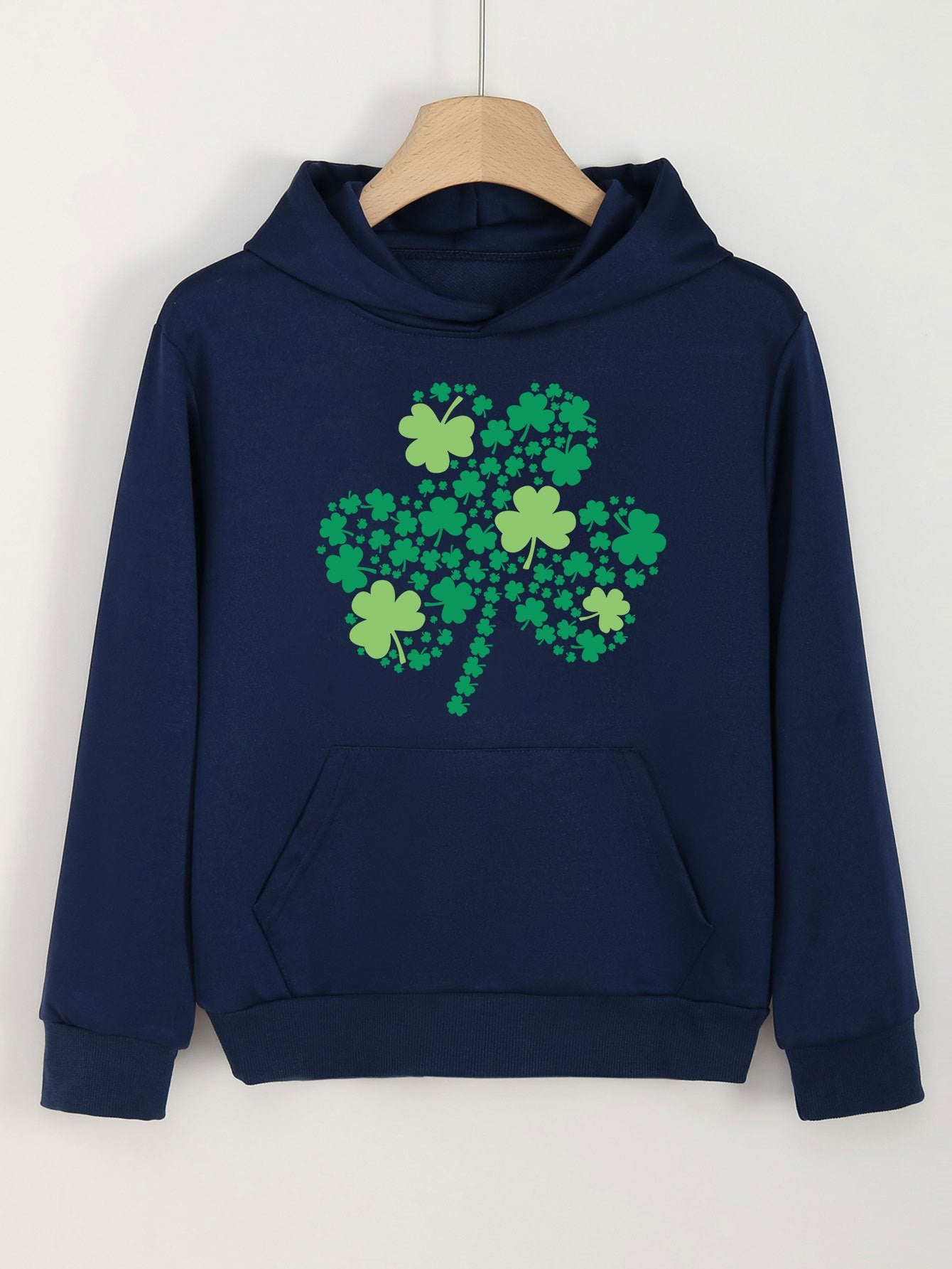 Casual Clover Graphic Hoodie With Pocket For Girls St Patrick's