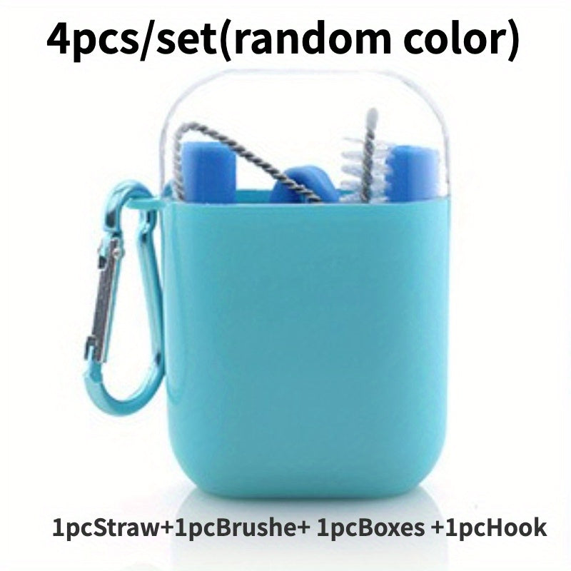 4pcs Silicone Straws Set w/ Brush, Box, Hook & Collapsible Straw