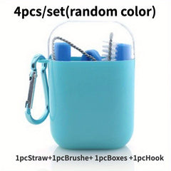4pcs Silicone Straws Set w/ Brush, Box, Hook & Collapsible Straw