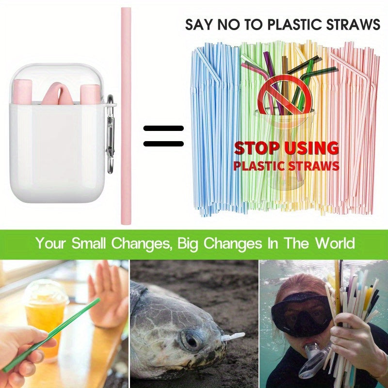 4pcs Silicone Straws Set w/ Brush, Box, Hook & Collapsible Straw