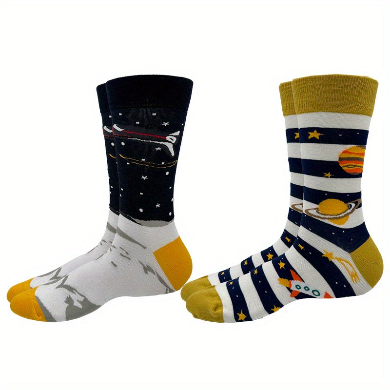 2pk Cartoon Print Stripe Athletic Socks