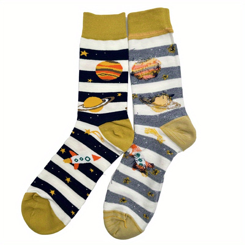 2pk Cartoon Print Stripe Athletic Socks