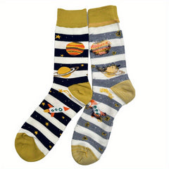 2pk Cartoon Print Stripe Athletic Socks