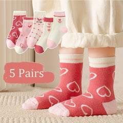 5 Pairs Girl's Cartoon Love Heart Knitted Socks Cotton Blend Soft Crew Socks