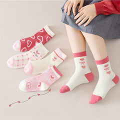5 Pairs Girl's Cartoon Love Heart Knitted Socks Cotton Blend Soft Crew Socks