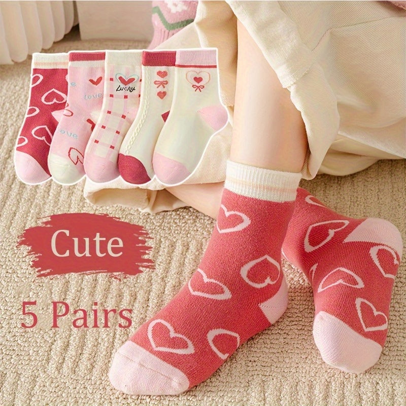 5 Pairs Girl's Cartoon Knitted Socks Cotton Blend Crew Socks