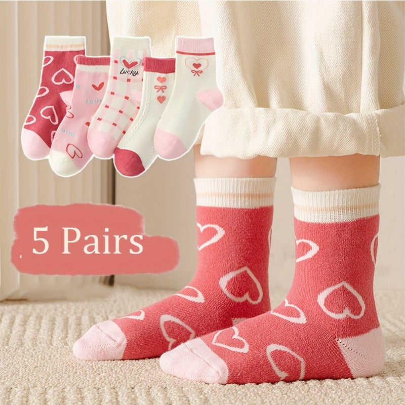 5 Pairs Girl's Cartoon Knitted Socks Cotton Blend Crew Socks