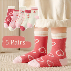 5 Pairs Girl's Cartoon Knitted Socks Cotton Blend Crew Socks