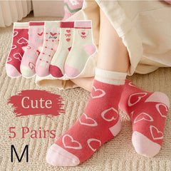 5 Pairs Girl's Cartoon Knitted Socks Cotton Blend Crew Socks