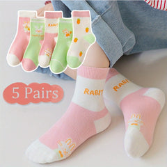 5 Pairs Girl's Cartoon Knitted Socks Cotton Blend Crew Socks