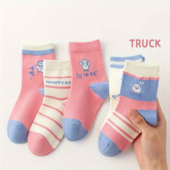 5 Pairs Girl's Cartoon Knitted Socks Cotton Blend Crew Socks