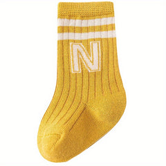 3 Pairs Boy's Striped Letter Crew Socks Cotton Blend Comfy Casual Style