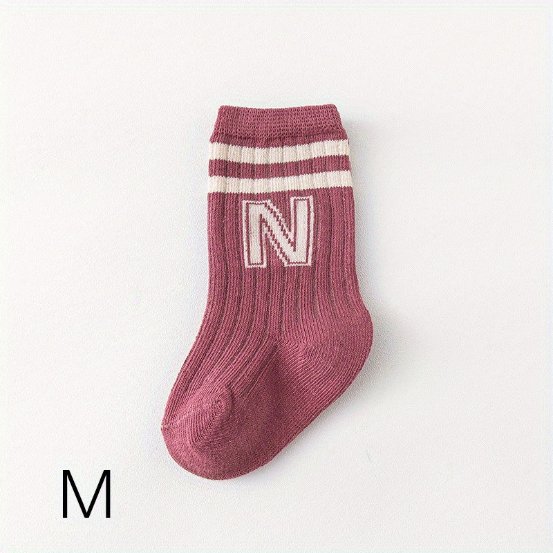 3 Pairs Boy's Striped Letter Crew Socks Cotton Blend Comfy Casual Style