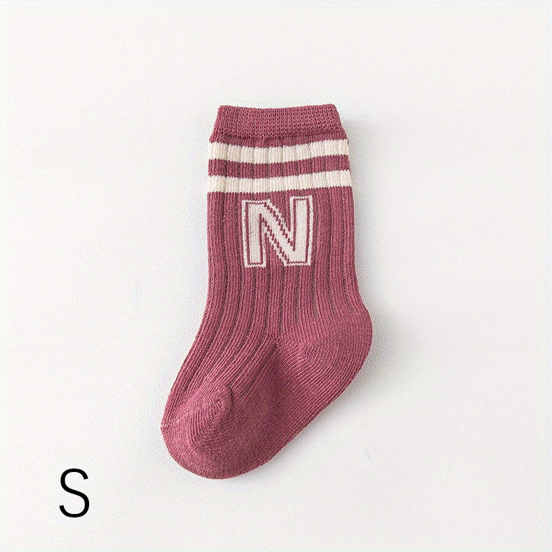 3 Pairs Boy's Striped Letter Crew Socks Cotton Blend Comfy Casual Style