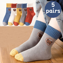 5 Pairs Cartoon Bear Pattern Crew Socks for Boys - Breathable Casual Style