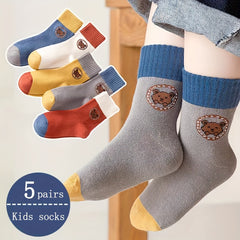 5 Pairs Cartoon Bear Pattern Crew Socks for Boys - Breathable Casual Style