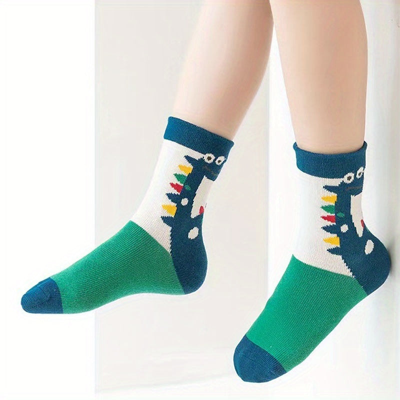 Boy's Dino Striped Crew Socks Breathable Comfy Casual Style