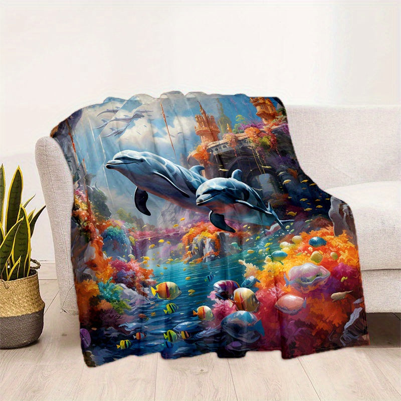 Cozy Dolphins Swimming Under The Sea Print Blanket Lightweight Flannel Throw