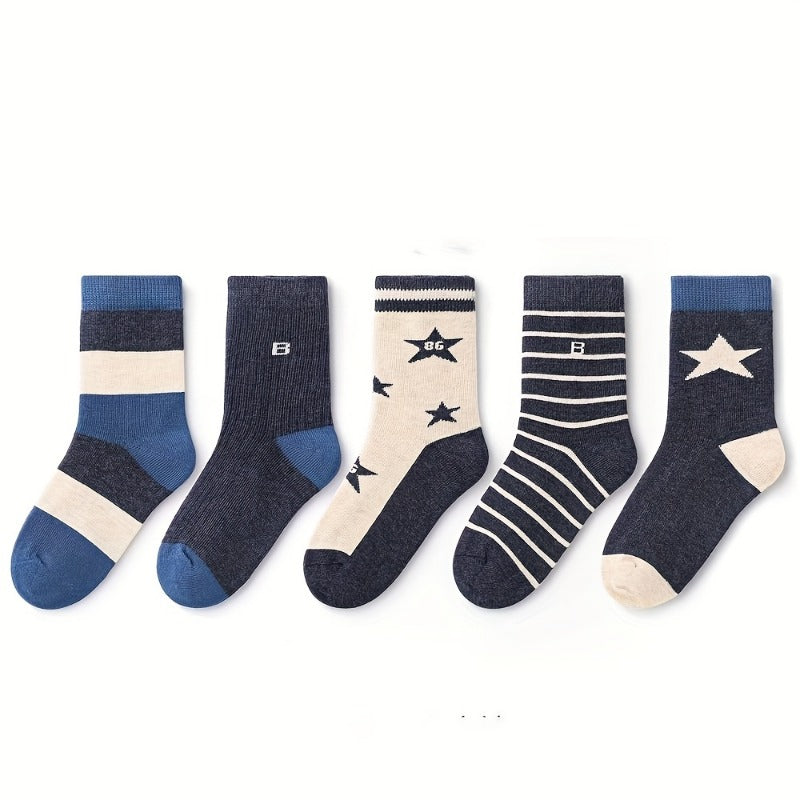 5 Pairs Boy's Cartoon Striped Cotton Crew Socks