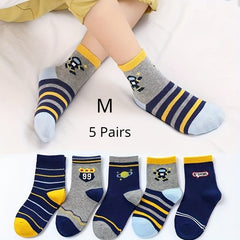 5 Pairs Boy's Cartoon Striped Cotton Crew Socks