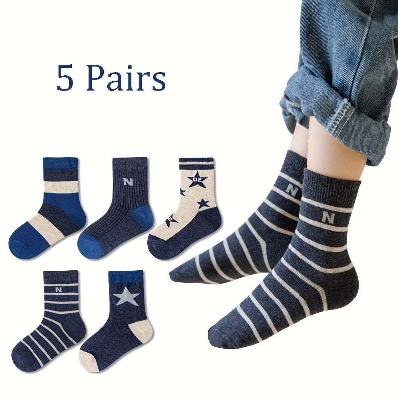 5 Pairs Boy's Cartoon Striped Cotton Crew Socks