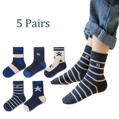5 Pairs Boy's Cartoon Striped Cotton Crew Socks