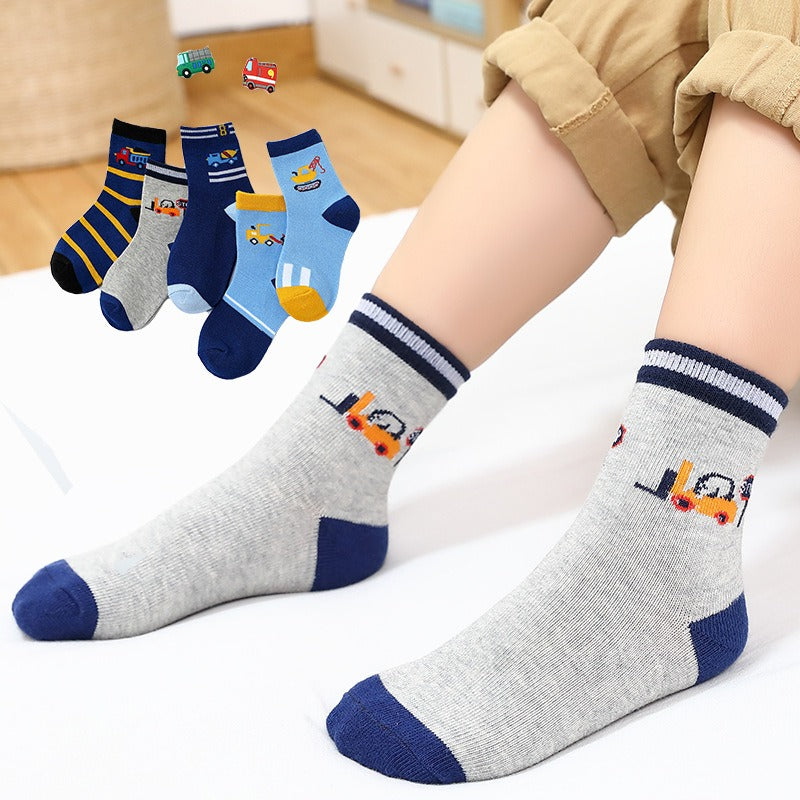 5 Pairs Boy's Cartoon Striped Cotton Crew Socks
