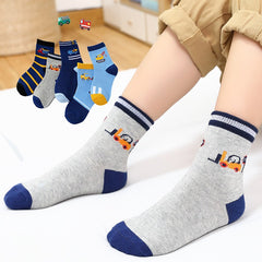 5 Pairs Boy's Cartoon Striped Cotton Crew Socks