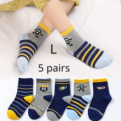 5 Pairs Boy's Cartoon Striped Cotton Crew Socks