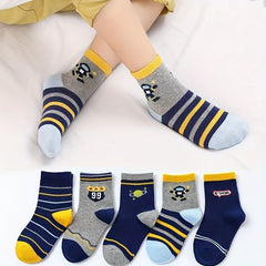 5 Pairs Boy's Cartoon Striped Cotton Crew Socks
