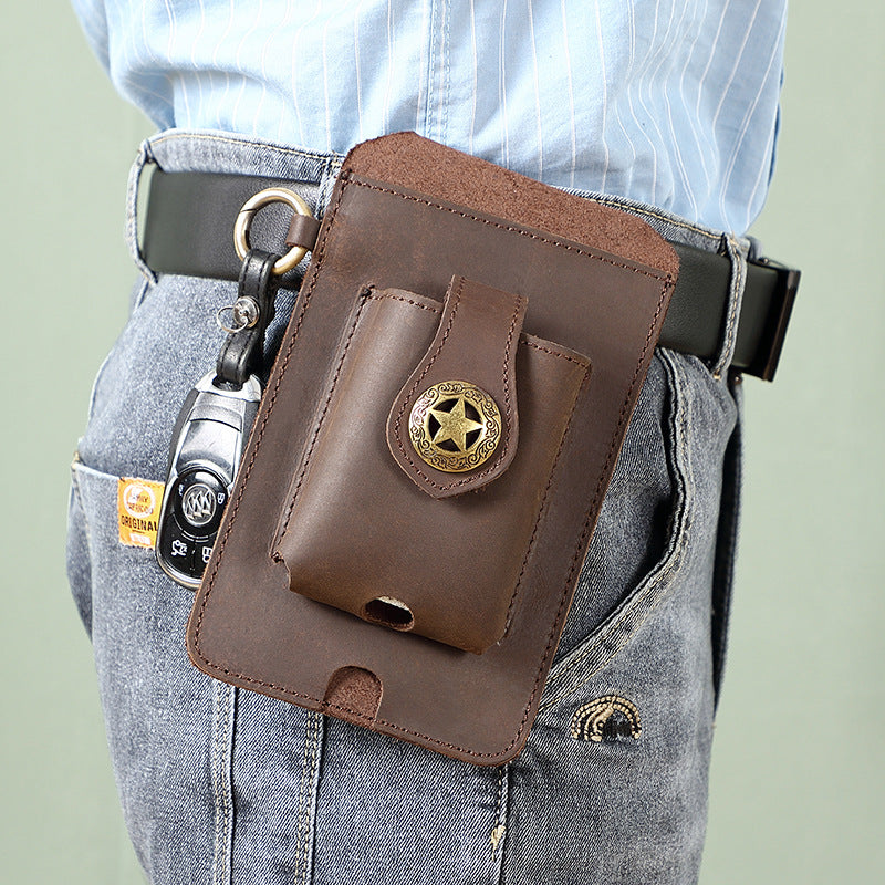 Cowhide Men's Waist Bag Wear On Belt Phone Bag Outdoor Sports Bag