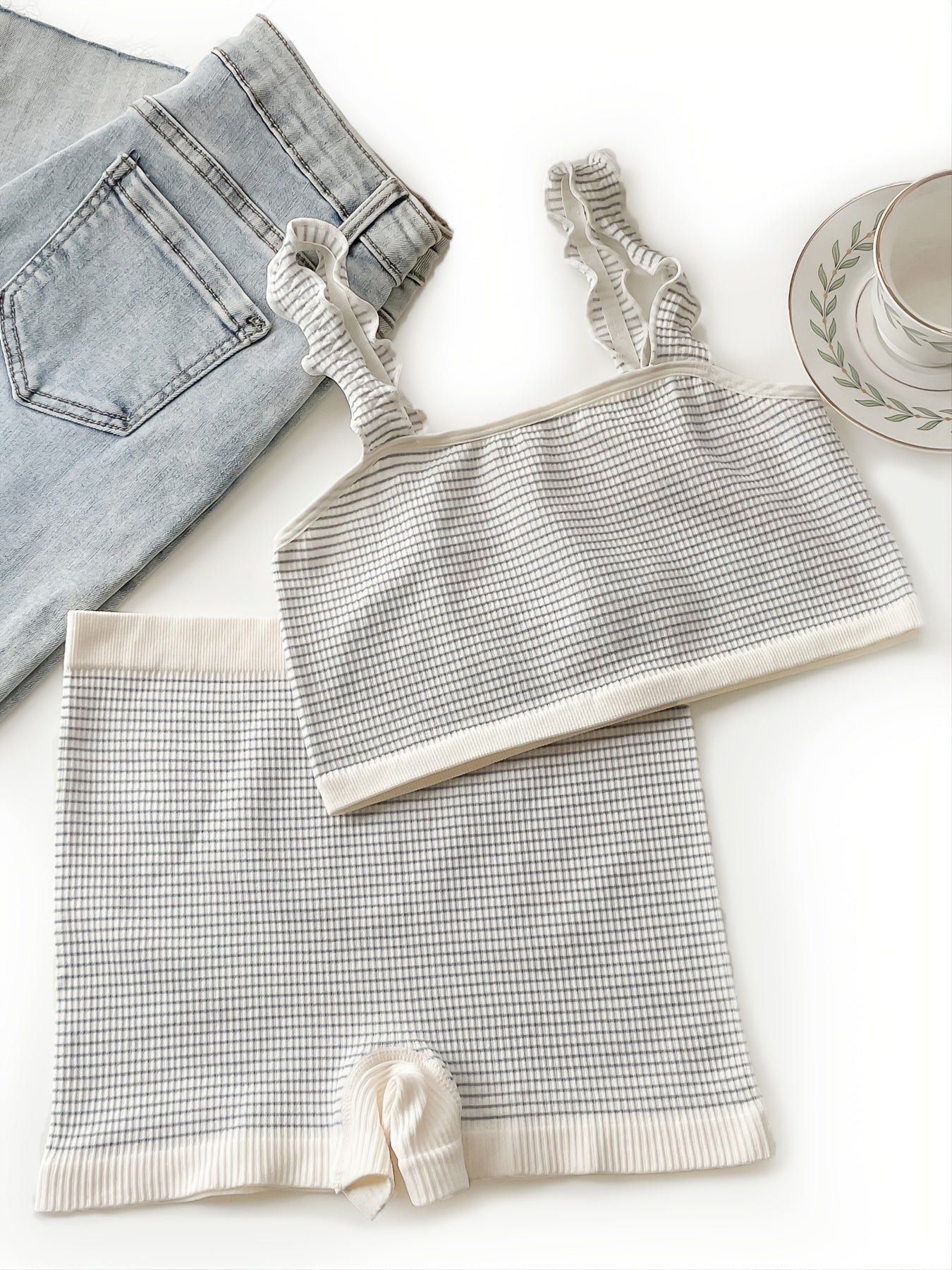 Grey Striped Matching Lingerie Set Soft Camisole Bra & Boyshort Panty
