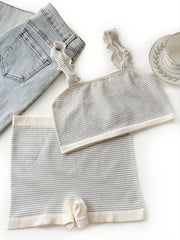 Grey Striped Matching Lingerie Set Soft Camisole Bra & Boyshort Panty