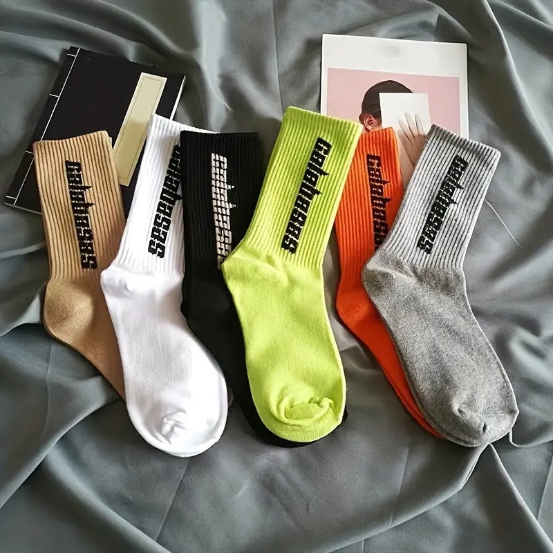 6 Pairs Men's Letter Pattern Crew Socks Breathable Comfy Casual Unisex Socks