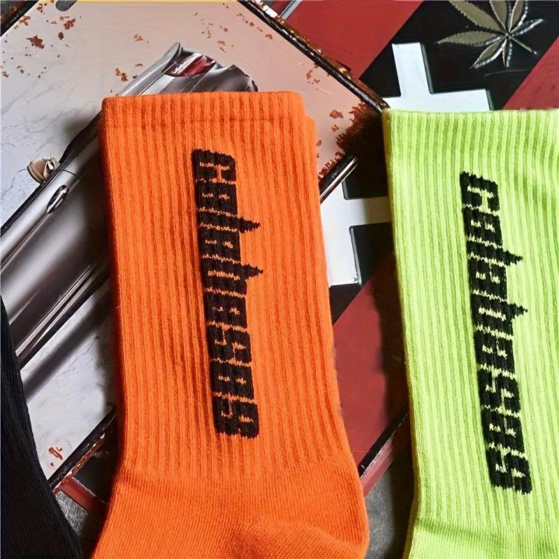 6 Pairs Men's Letter Pattern Crew Socks Breathable Comfy Casual Unisex Socks