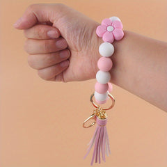 Silicone Floral Beaded Tassel Keychain Bracelet for Car Backpacks