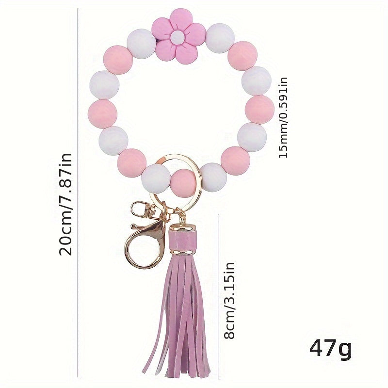 Silicone Floral Beaded Tassel Keychain Bracelet for Car Backpacks