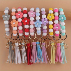 Silicone Floral Beaded Tassel Keychain Bracelet for Car Backpacks