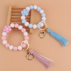 Silicone Floral Beaded Tassel Keychain Bracelet for Car Backpacks