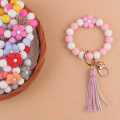 Silicone Floral Beaded Tassel Keychain Bracelet for Car Backpacks