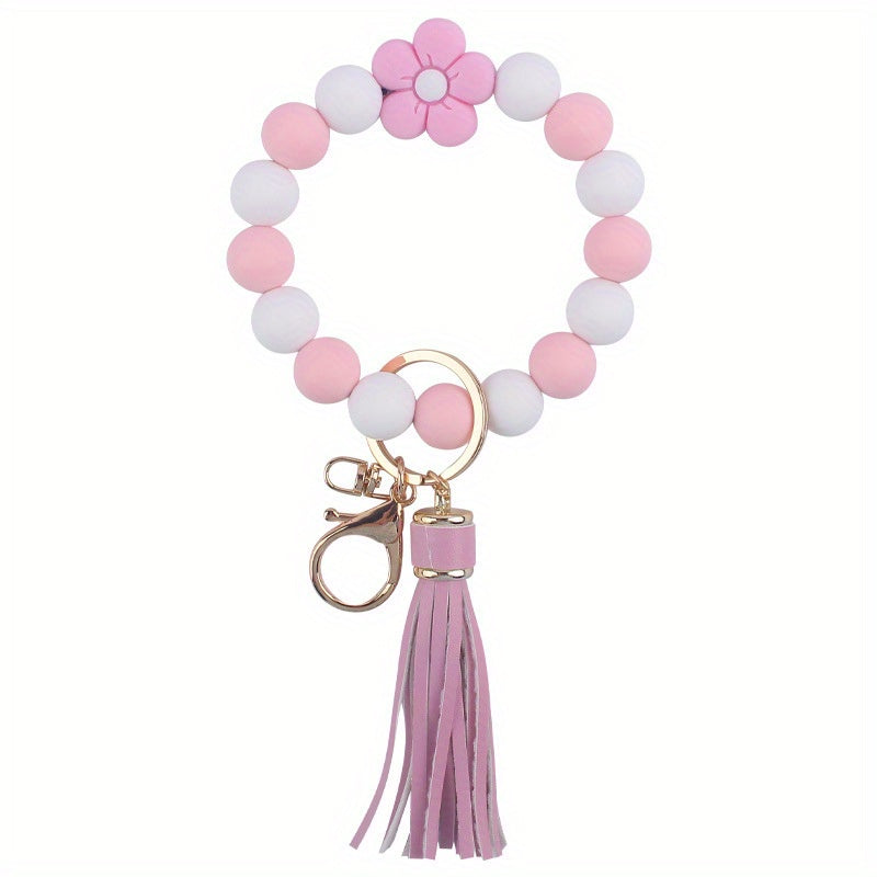Silicone Floral Beaded Tassel Keychain Bracelet for Car Backpacks